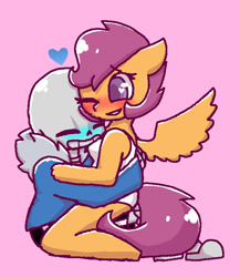 Size: 654x754 | Tagged: safe, artist:synnibear03, scootaloo, oc, oc:ponytale scootaloo, anthro, unguligrade anthro, comic:ponytale, crossover, crossover shipping, downvote bait, female, male, sans (undertale), scootasans, shipping, straight, undertale