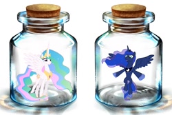 Size: 1200x800 | Tagged: artist needed, safe, princess celestia, princess luna, alicorn, pony, bottle, female, mare, pony in a bottle