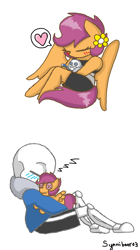 Size: 806x1442 | Tagged: safe, artist:synnibear03, scootaloo, oc, oc:ponytale scootaloo, anthro, comic:ponytale, crossover, crossover shipping, female, male, plushie, sans (undertale), scootasans, shipping, straight, undertale