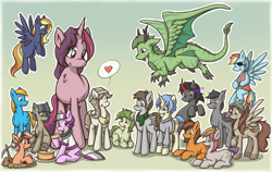 Size: 1280x811 | Tagged: safe, artist:campus-cats, king sombra, rainbow dash, toola roola, oc, oc:ace, oc:autumn blues, oc:eightbit hoof, oc:flower, oc:fuselight, oc:gloomy, oc:pine, oc:reina, oc:rotten grave, oc:ruby streak, oc:rye, oc:stripes, oc:stud muffin, dragon, pegasus, pony, cake, giant pony, group, group photo, heart, macro, pirate dash