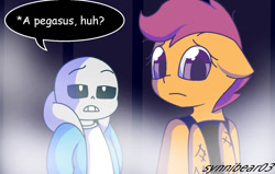 Size: 1248x793 | Tagged: safe, artist:synnibear03, scootaloo, oc, oc:ponytale scootaloo, anthro, comic:ponytale, duo, sans (undertale), undertale