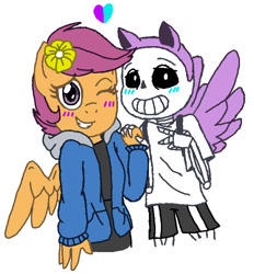 Size: 720x777 | Tagged: safe, artist:synnibear03, artist:twipiedash, scootaloo, oc, oc:ponytale scootaloo, anthro, comic:ponytale, crossover, crossover shipping, fake wings, female, headband, male, pony ears, sans (undertale), scootasans, shipping, straight, undertale