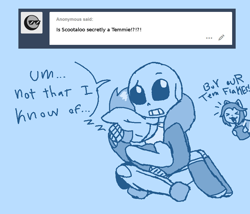 Size: 924x792 | Tagged: safe, artist:synnibear03, scootaloo, oc, oc:ponytale scootaloo, anthro, comic:ponytale, crossover, crossover shipping, female, male, monochrome, sans (undertale), scootasans, shipping, straight, temmie, undertale