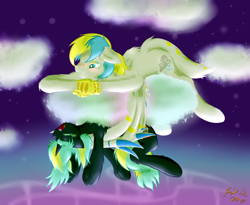 Size: 2928x2400 | Tagged: safe, artist:frist44, oc, oc only, oc:cirrus sky, oc:electro current, hippogriff, aurora borealis, cirrent, cloud, crossed arms, digital multimeter, sleeping, wing hold, wings