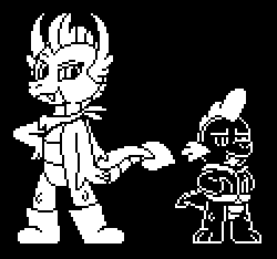 Size: 250x234 | Tagged: safe, artist:tarkan809, smolder, spike, black and white, clothes, cosplay, costume, grayscale, jacket, monochrome, papyrus (undertale), pixel art, pose, sans (undertale), scarf, shoes, sprite, undertale