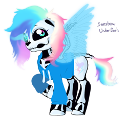 Size: 1237x1153 | Tagged: safe, artist:unoriginai, derpibooru import, rainbow dash, oc, oc:sansbow dash, pegasus, pony, bone, crossover, crossover shipping, cute, female, mare, offspring, parent:rainbow dash, parent:sans (undertale), sans (undertale), shipping, skeleton, undertale