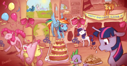 Size: 1500x786 | Tagged: safe, artist:hinoraito, applejack, fluttershy, pinkie pie, princess celestia, princess luna, rainbow dash, rarity, spike, twilight sparkle, unicorn twilight, alicorn, dragon, earth pony, pegasus, pony, unicorn, balloon, banner, birthday, cake, cookie, cowboy hat, eyes closed, female, floppy ears, flying, golden oaks library, hair over one eye, happy birthday luna, hat, male, mane seven, mane six, mare, party, shocked, walking, wide eyes