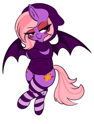 Size: 1280x1674 | Tagged: safe, artist:wickedsilly, oc, oc only, bat pony, pony, blushing, clothes, hoodie, smiling, socks, solo, striped socks