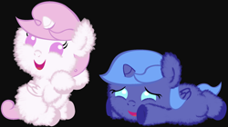 Size: 2000x1120 | Tagged: safe, artist:beavernator, princess celestia, princess luna, alicorn, pony, baby, baby pony, black background, cute, duo, female, filly, fluffy, foal, simple background, woona