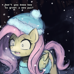 Size: 750x750 | Tagged: safe, artist:lumineko, derpibooru import, fluttershy, pegasus, pony, 30 minute art challenge, clothes, cold, crossover, hat, sans (undertale), snow, snowfall, solo, this will end in getting dunked on, undertale, winter