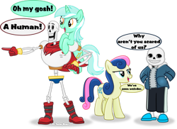 Size: 1049x762 | Tagged: safe, artist:vector-brony, bon bon, lyra heartstrings, sweetie drops, bedroom eyes, crossover, cute, dialogue, eye sparkles, implied human, looking at each other, lyrabetes, open mouth, papyrus, papyrus (undertale), pointing, riding, sans (undertale), simple background, skeleton, smiling, that pony sure does love humans, transparent background, undertale, vector, wingding eyes