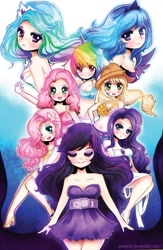 Size: 607x931 | Tagged: safe, artist:geegeet, applejack, fluttershy, pinkie pie, princess celestia, princess luna, rainbow dash, rarity, twilight sparkle, human, belly button, belt, clothes, dress, female, front knot midriff, humanized, mane six, midriff, sports bra