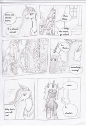 Size: 900x1317 | Tagged: safe, artist:lyun, princess celestia, princess luna, alicorn, pony, comic, duo, female, mare, monochrome, s1 luna