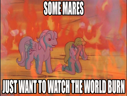 Size: 640x480 | Tagged: safe, edit, edited screencap, screencap, megan williams, wind whistler, g1, my little pony 'n friends, the magic coins, doom, fire, image macro, megan's fire, some men just want to watch the world burn
