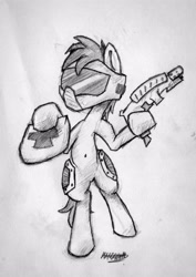 Size: 2834x4010 | Tagged: safe, artist:halfaman, pony, bipedal, doom, gamer, monochrome, solo