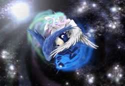 Size: 2909x2000 | Tagged: safe, artist:moderatelydeviant, princess celestia, princess luna, alicorn, pony, contrast, duo, female, glowing eyes, high res, mare, space, spread wings, stars, taijitu, yin-yang