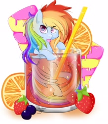 Size: 2008x2296 | Tagged: dead source, safe, artist:teranen, rainbow dash, pegasus, pony, blueberry, candy, colored pupils, cup of pony, cute, drink, eye clipping through hair, female, food, glass, heart eyes, looking at you, mare, micro, popsicle, signature, solo, strawberry, tongue out, wingding eyes