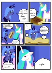 Size: 900x1260 | Tagged: safe, artist:lyun, princess celestia, princess luna, alicorn, pony, comic, female, grammer for derps, illiteracy, mare, s1 luna