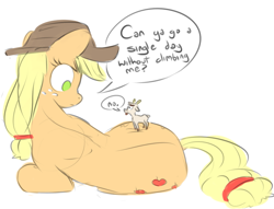 Size: 1139x869 | Tagged: safe, artist:nobody, applejack, oc, oc:goatmod, earth pony, goat, pony, :p, dialogue, frown, giant pony, glare, macro, on side, size difference, sketch, tongue out, wide eyes