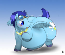 Size: 500x423 | Tagged: safe, artist:gillpanda, edit, oc, oc:arctic blast, pegasus, pony, belly, belly expansion, bhm, butt expansion, expansion, fat, goggles, growth, inflation, jewelry, male, necklace, not soarin, solo, stallion, weight gain