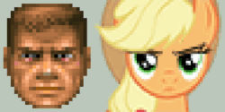 Size: 512x256 | Tagged: safe, derpibooru import, applejack, earth pony, pony, angry, animated, doom, doomguy, frown, glare, gritted teeth, looking at you, parody, pixelated, raised eyebrow, status bar face, suspicious, synchronized, unconvinced applejack