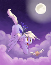 Size: 1687x2137 | Tagged: safe, artist:yeendip, derpy hooves, princess luna, alicorn, pegasus, pony, do princesses dream of magic sheep, cloud, cloudy, derpysaur, dream, dream walker luna, duo, female, flying, full moon, giantess, lesbian, lunaderp, macro, mare, moon, muffin, night, open mouth, ponies riding ponies, raised hoof, shipping, smiling, winged muffin
