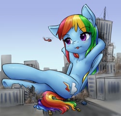 Size: 858x820 | Tagged: safe, artist:alloyrabbit, rainbow dash, pegasus, pony, semi-anthro, alternate hairstyle, armpits, blushing, cheek fluff, chest fluff, city, colored, crossed hooves, cute, destruction, ear fluff, female, giant pony, giant rainbow dash, giantess, helicopter, hooves behind head, human shoulders, leg fluff, looking, looking at something, macro, mare, mega/giant rainbow dash, reclining, sitting, sky, skyscraper, solo, tongue out, underhoof, vehicle