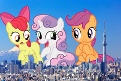 Size: 3000x2000 | Tagged: safe, artist:masem, artist:newlunaticrepublic, artist:theotterpony, apple bloom, scootaloo, sweetie belle, pony, building, city, cute, cutie mark crusaders, giant pony, giantess, growth, highrise ponies, irl, japan, looking at each other, looking down, macro, mountain, open mouth, photo, ponies in real life, raised hoof, sitting, sky, skyscraper, this will end in death, this will end in tears, this will end in tears and/or death, tokyo