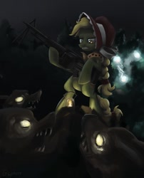 Size: 727x900 | Tagged: safe, artist:gsphere, granny smith, earth pony, pony, timber wolf, badass, bipedal, doom, female, glare, gritted teeth, gun, hoof hold, m60, machine gun, mare, night, rifle, weapon, young, young granny smith, younger, zap apple