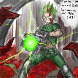 Size: 1280x1280 | Tagged: safe, artist:johnjoseco, artist:michos, color edit, edit, spike, human, bfg, bfg9000, colored, doom, doom comic, doomguy, humanized, male, parody, rip and tear, solo