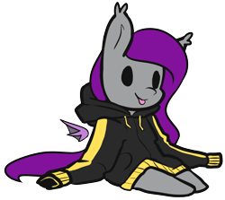 Size: 1816x1623 | Tagged: safe, artist:neoncel, oc, oc only, oc:nom de plume, bat pony, pony, chibi, clothes, commission, cute, ear fluff, female, floating wings, hoodie, simple background, sitting, smiling, smolpone, solo, tongue out, transparent background, wings, ych result