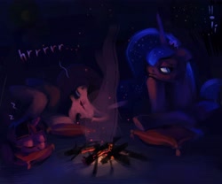 Size: 3448x2874 | Tagged: safe, artist:holivi, princess celestia, princess luna, twilight sparkle, alicorn, pony, unicorn, campfire, camping, female, high res, mare, night, pillow, sleeping