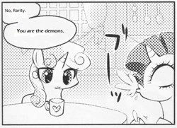 Size: 546x395 | Tagged: safe, derpibooru import, rarity, sweetie belle, pony, unicorn, doom, doom: repercussions of evil, exploitable meme, female, filly, many many pony, mare, meme, monochrome, mug, reference, spit take