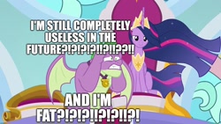 Size: 1920x1080 | Tagged: safe, edit, edited screencap, editor:useraccount, screencap, spike, twilight sparkle, twilight sparkle (alicorn), alicorn, dragon, the last problem, abuse, caption, fat, gigachad spike, image macro, older, older spike, older twilight, op is a cuck, op is trying to start shit, spikeabuse, text