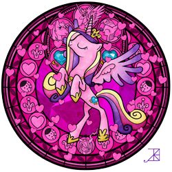 Size: 1600x1600 | Tagged: safe, artist:akili-amethyst, princess cadance, princess celestia, queen chrysalis, shining armor, twilight sparkle, alicorn, changeling, changeling queen, ladybug, pony, unicorn, dive to the heart, eyes closed, female, kingdom hearts, mare, princess, rearing, stained glass