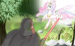 Size: 900x550 | Tagged: safe, artist:v-invidia, princess celestia, alicorn, human, pony, crossover, darth vader, duo, female, lightsaber, mare, open mouth, raised hoof, spread wings, star wars, surprised, tree, wide eyes