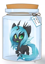 Size: 1657x2383 | Tagged: safe, artist:teranen, queen chrysalis, changeling, changeling queen, :p, chibi, colored pupils, cute, cutealis, female, looking at you, micro, pony in a bottle, raised hoof, solo, tiny ponies, tongue out