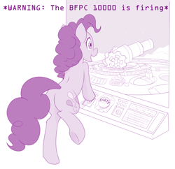 Size: 900x872 | Tagged: safe, artist:dstears, derpibooru import, pinkie pie, earth pony, pony, bfg, bfg 10000, butt, crossover, doom, doom: eternal, female, mare, partillery, party cannon, plot, solo, xk-class end-of-the-world scenario