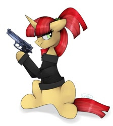 Size: 842x939 | Tagged: safe, artist:chibadeer, oc, oc only, pony, unicorn, beretta, beretta 92fs, clothes, dexterous hooves, female, gun, handgun, hoof hold, hooves, horn, mare, pistol, simple background, sitting, solo, weapon, white background