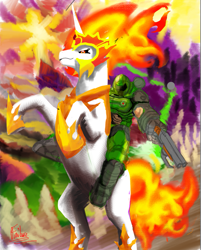 Size: 941x1168 | Tagged: safe, artist:failure, daybreaker, alicorn, human, abstract background, armor, black sclera, colored, doom, doomguy, female, gun, helmet, humans riding ponies, male, mane of fire, mare, rearing, riding, shotgun, signature, weapon