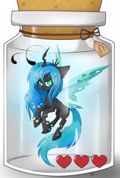 Size: 1500x2231 | Tagged: dead source, safe, artist:teranen, queen chrysalis, changeling, changeling queen, :3, bottle, chibi, cute, cutealis, fairy, female, flying, heart, heart container, heart eyes, jar, looking at you, micro, no pupils, pony in a bottle, solo, the legend of zelda, tiny ponies, wingding eyes