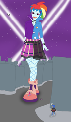 Size: 1839x3171 | Tagged: safe, artist:final7darkness, flash sentry, pinkie pie, rainbow dash, spike, dog, equestria girls, friendship through the ages, rainbow rocks, 80s, blimp, boots, city, clothes, ear piercing, giantess, lights, looking down, macro, music notes, night sky, open mouth, pants, piercing, rainbow punk, request, requested art, shoes, skirt, spike the dog, stars