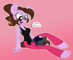 Size: 1200x988 | Tagged: safe, artist:sweetfilthyfun, oc, oc only, oc:ivy rose, oc:lightning chaser, anthro, earth pony, unguligrade anthro, chibi, clothes, cute, glasses, petting, ponytail, tanktop, yoga pants