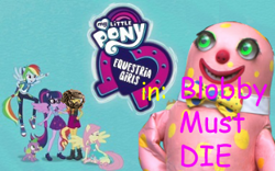 Size: 320x200 | Tagged: safe, artist:great-5, fluttershy, rainbow dash, sci-twi, spike, spike the regular dog, sunset shimmer, twilight sparkle, dog, better together, equestria girls, crossover, doom, doomguy, equestria girls logo, mr. blobby, scitwilicorn, shitposting