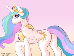 Size: 1083x819 | Tagged: safe, artist:edef, princess celestia, alicorn, pony, female, gradient background, grin, looking at you, looking back, mare, plot, raised hoof, smiling, solo, sunbutt