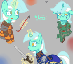 Size: 4000x3500 | Tagged: safe, artist:mjsw, lyra heartstrings, pony, unicorn, crossover, crowbar, dark souls, doom, female, half-life, hev suit, magic, mare, reference, sketch, sword, telekinesis, weapon