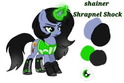 Size: 1596x1080 | Tagged: safe, artist:isaac_pony, oc, oc:shainer, oc:shainer shrapnel shock, unicorn, doom equestria, armor, black mane, clothes, color palette, cutie mark, doom, eye, eyes, female, gloves, green eyes, green magic, magic, open mouth, shoes, simple background, solo, transparent background