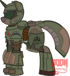 Size: 2528x2770 | Tagged: safe, artist:isaac_pony, oc, pony, unicorn, doom equestria, armor, doom, doom slayer, doomcolt, doomguy, doompony, female, heavy metal, helmet, logo, male, mare, pocket watch, simple background, solo, transparent background, vector