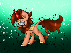 Size: 1024x768 | Tagged: safe, artist:tata.exe, oc, oc:blazing smart, kirin, pony, doom equestria, brown mane, doom, female, glasses, green background, hacker, kirin oc, nerd, pinkie eyes, shy, simple background, solo