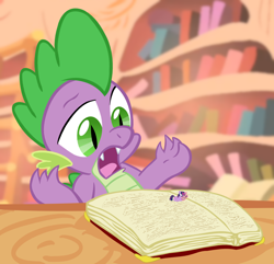 Size: 960x925 | Tagged: safe, artist:mj-mysteriousjeff, spike, twilight sparkle, dragon, book, golden oaks library, magnifying glass, micro, tiny ponies